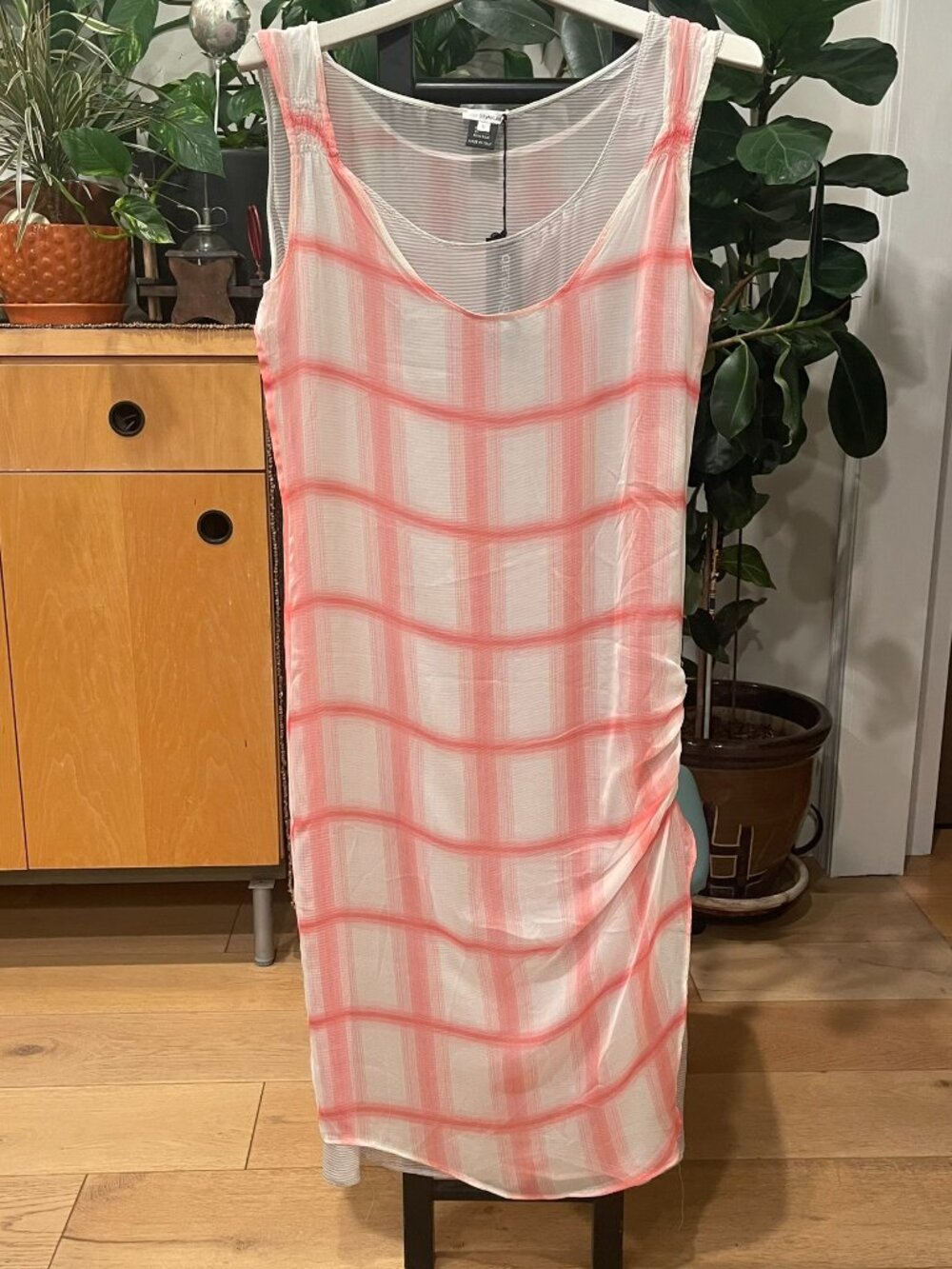 🌸 Diesel StyleLab 100% Silk Sheer Plaid Tank Dress with Attached Slip - Size L